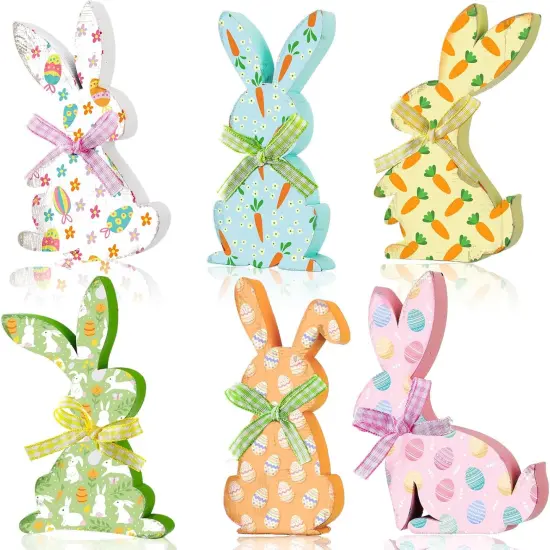 6 Pcs Easter Bunny Wooden Signs Bunny Decor Easter Tabletop Decor Rabbit Shape Table Sign {1}