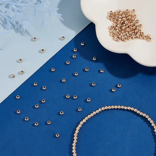 3mm 14K Gold Spacer Beads, 300pcs Mini Smooth Round Beads Seamless Ball Beads Small Brass Loose Beads Metal Beads for Summer Hawaii Layered Necklace Bracelet Jewelry Making {2}