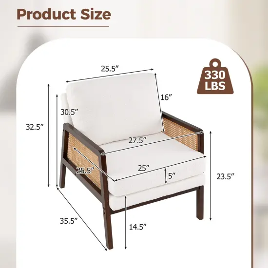 Mid Century Modern Accent Chair with Rattan Arms and Cushion Brown {4}