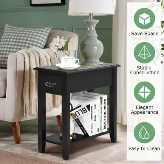 Rubber Wood End Table Set with Drawer, Open Shelf and Spacious Tabletop for Living Room or Bedroom Black {3}
