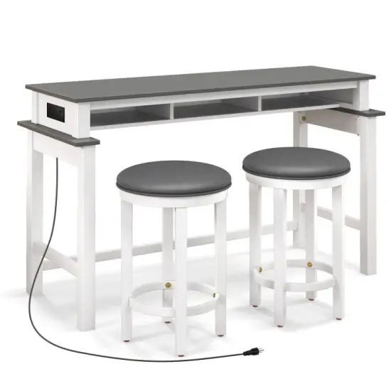 3-Piece Home Bar Set with 2 Upholstered Bar Stools Outlets and USB Ports Black {7}