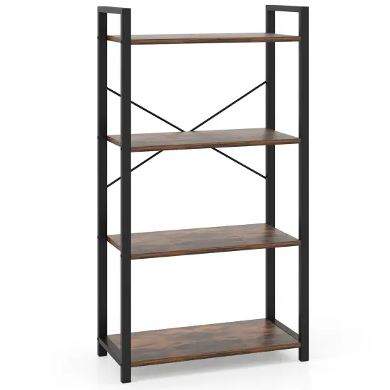 Rustic Brown 4-Tier Bookshelf with Heavy Duty Metal Frame Perfect for Any Room {1}