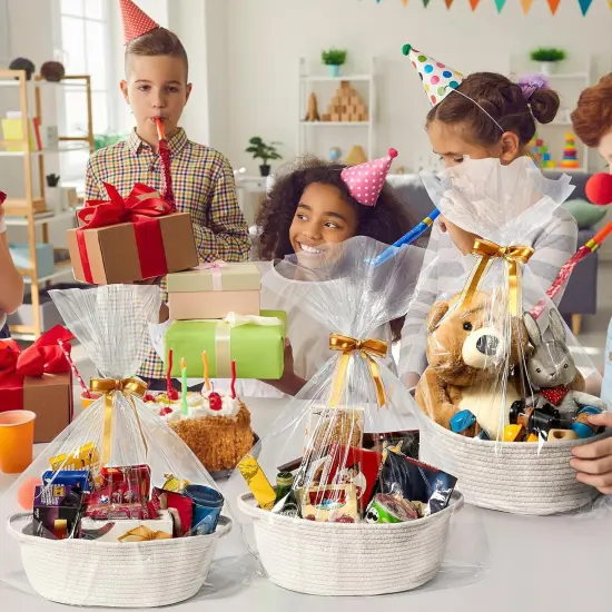 4 Pack Small Woven Basket with Handles, All 12"x 8"x 5", Cotton Rope Room Shelf Storage Basket, Cat Toys, Cute Baby Gift Basket with Gift Bags and Ribbons for Nursery, Empty Decorative Gift Chest Box {3}