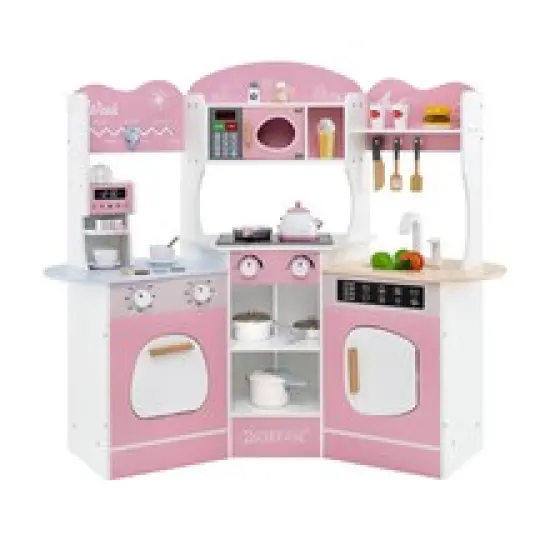 Wooden Corner Play Kitchen with Coffee Machine, Slide, and Storage for Kids White {8}