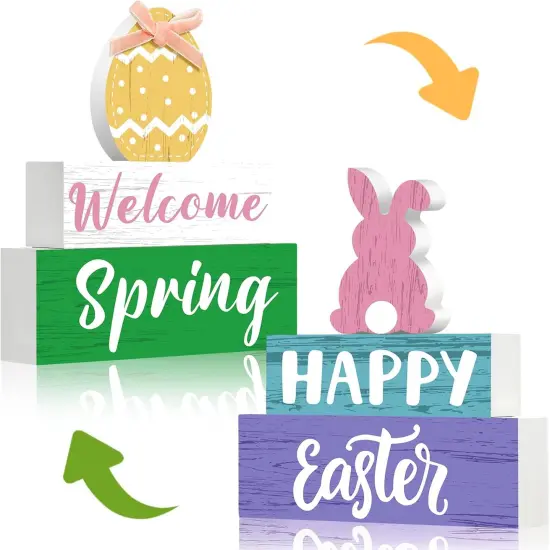 4 Pcs Spring Easter Decorations Reversible Welcome Spring Tabletop Decor Happy Easter Bunny Egg Wood Signs Double Side Rustic Farmhouse Tiered Tray Decor for Home Table Shelf Centerpieces {1}
