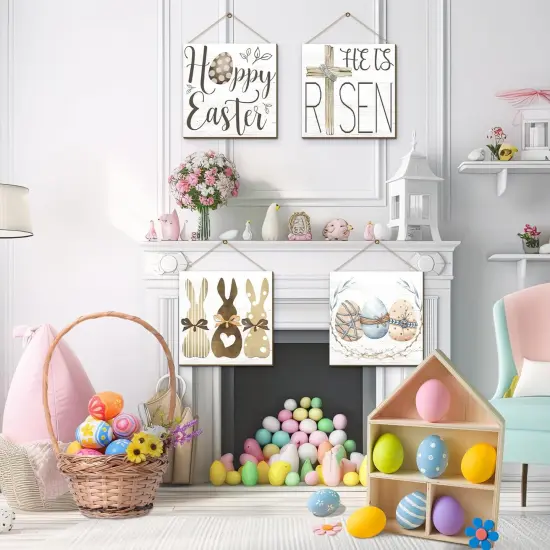 4 Pcs Easter Wall Decor He Is Risen Door Sign Bunny Egg Wood Wall Hanging Plaque Rustic Easter Welcome Door Sign Farmhouse Easter Wall Pediments Decorations for Easter Home Front Door Decor {5}