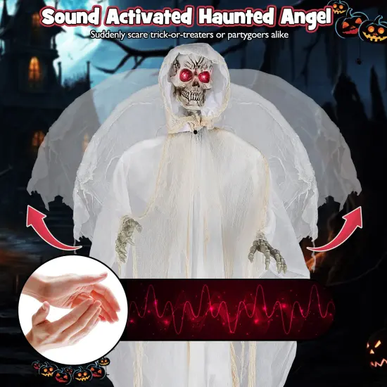 8.3 ft White Halloween Standing Haunted Angel with Lighted Eyes and Automatic Wing Movement {6}