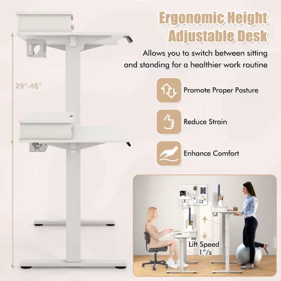 White Height Adjustable Electric Standing Desk with 2 Fabric Drawers {4}