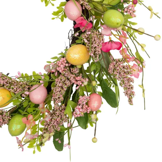 Northlight Glittered Eggs, Hibiscus and Berries Artificial Easter Twig Wreath - 20" - Pink and Green {5}