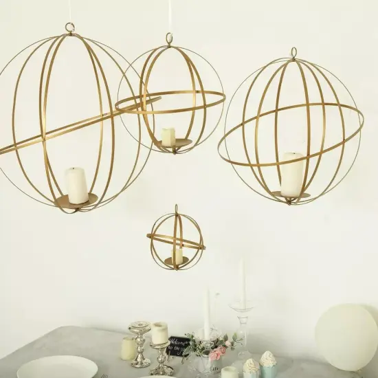 19" Gold Globe Ring Candle Holder Hanging Metal Lantern Wedding Centerpieces {3}