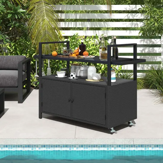 Costway Outdoor Bar Cart with Tempered Glass Top Storage Cabinet & 8 Hooks for Porch {5}