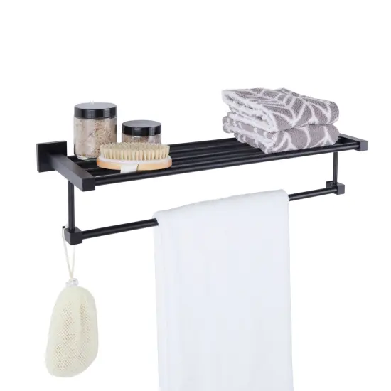 Matte Black Towel Shelf with Bar, 24 Inch Wall Mounted Rack for Bathroom {6}