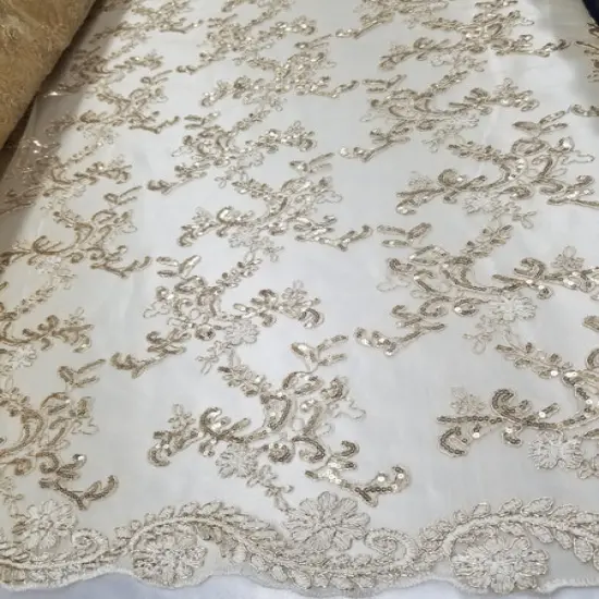 1 Yard Gold Metallic Flowers Sequins Mesh Lace Fabric for Tablecloths and Costumes {4}