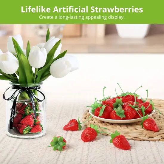 100 Pcs Fake Strawberries - 1.42" Artificial Faux Plastic Red Strawberries Decorations {2}