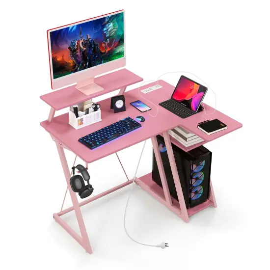 Costway L Shaped Gaming Desk with Outlets & USB Ports Monitor Shelf Headphone Hook Black/White/Pink {9}