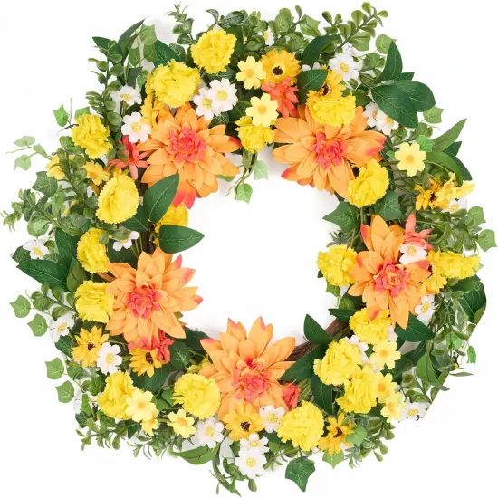24 Inch Summer Floral Wreath for Front Door, Wreath with Dahlias and Daisies, Flower Home Wreath Decor for Outdoor and Indoor Farmhouse Decoration {1}