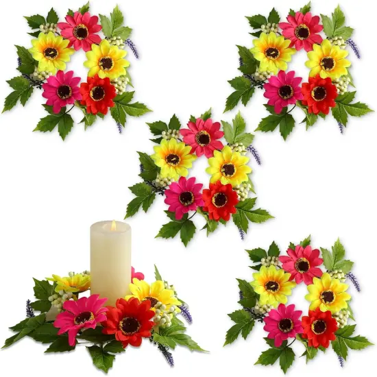 4 Pcs Flower Candle Rings Wreaths, Summer Floral Candle Rings, Small Pillar Candle Wreaths with Artificial Gerbera Daisy, Candle Holder Rings for Home Table Centerpieces {1}