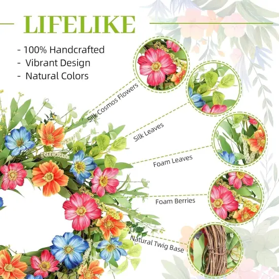 Summer 20 Inch Cosmos Daisy Flower Wreath for Front Door, Farmhouse Outdoor and Indoor Wreath, Tropical Wreath for Outside, Porch Decor {5}