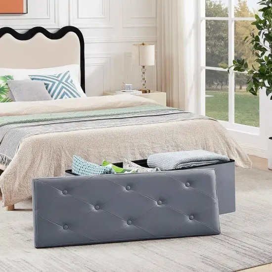 Light Grey Faux Leather Storage Ottoman Bench for Bedroom or Entry {2}