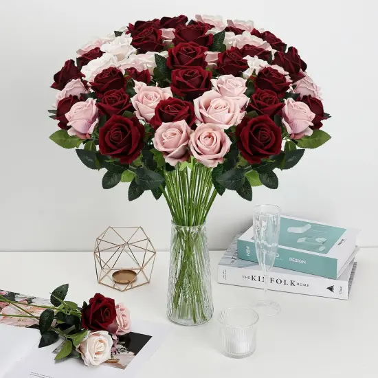 45 Pcs Roses Artificial Flowers with Long Stems - Velvet Flower Bouquet Bulk Realistic Fake Rose {5}