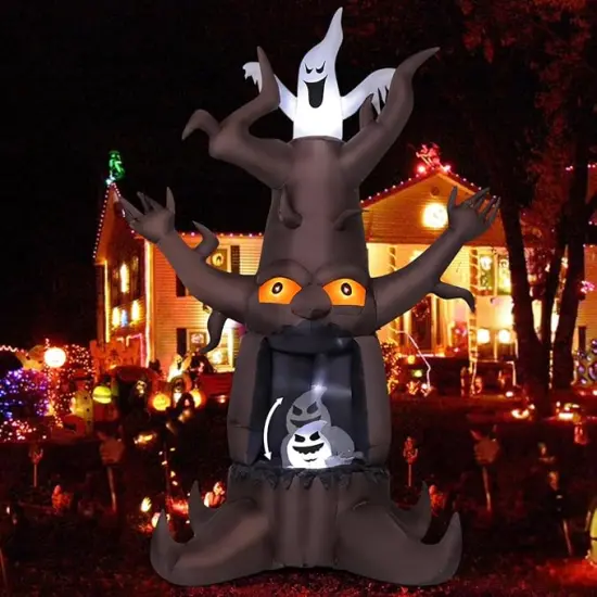 GOOSH 9 FT Halloween Inflatable Animated Dead Tree Blow Up Yard Scary Tree and White Ghost with Built-in LEDs (Tree Ghost) {1}