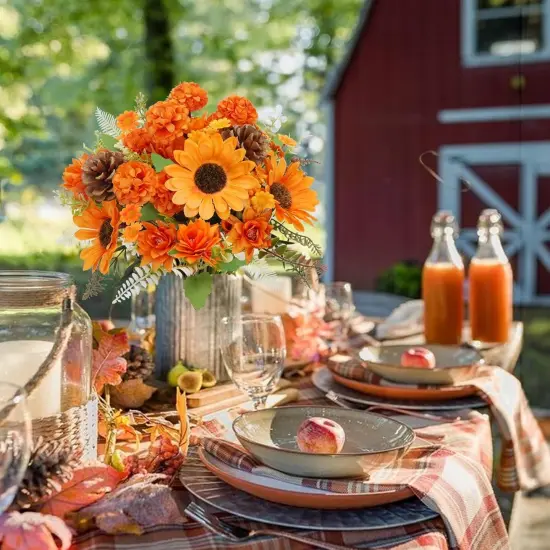 Artificial Mum Bush Sunflowers Faux Fall Chrysanthemums Flower - Orange {2}