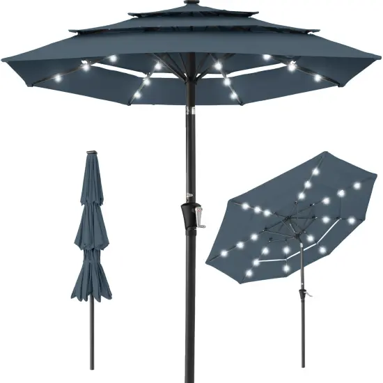 Best Choice Products 10ft 3-Tier Solar Patio Umbrella w/ 24 LED Lights, Tilt Adjustment, Easy Crank Slate Blue {1}