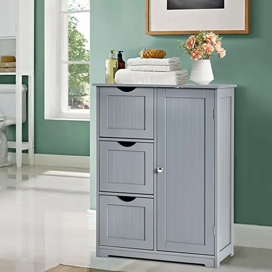 Costway Bathroom Floor Cabinet Side Storage Cabinet with 3 Drawers and 1 Cupboard Grey\ Black {2}