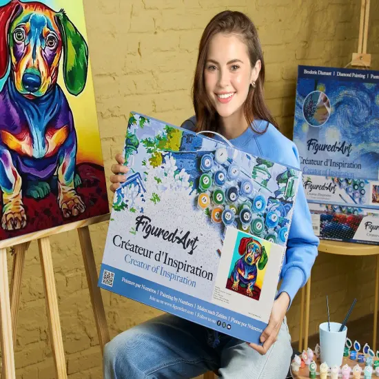 Figured'Art Paint by Numbers for Adults with Frame Dog Color Red and Green Ears 16"x20" - Craft Art Painting DIY Kit Canvas Already Stretched on a Wooden Frame {2}