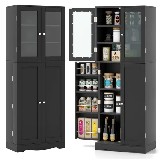 Costway 63.5" Tall Kitchen Pantry Storage Cabinet with Glass Door Storage Shelves Black/White {7}