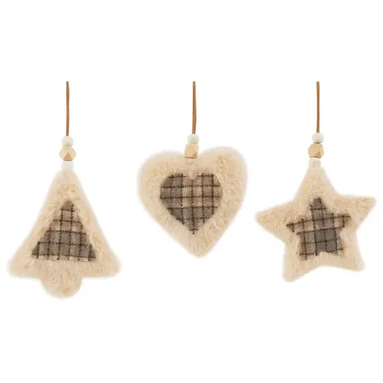 Northlight Plush Tree Star and Heart Shaped Plaid Christmas Ornaments - 4.5" - Tan - Set of 3 Beige {3}