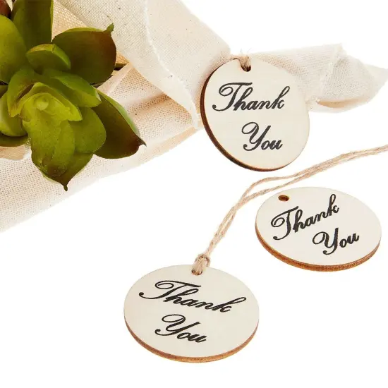 100-Pack Thank You Wood Tags with Twine for Wedding and Baby Shower themed Party Favors, 1.5 Inches Brown {6}
