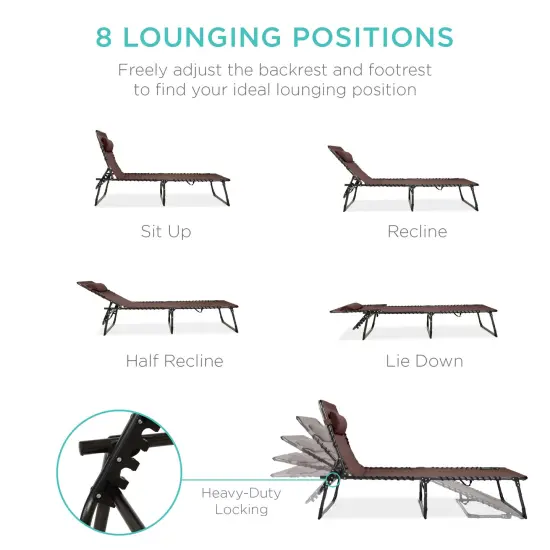 Best Choice Products Patio Chaise Lounge Chair, Outdoor Portable Adjustable Pool Recliner w/ Pillow Brown {3}