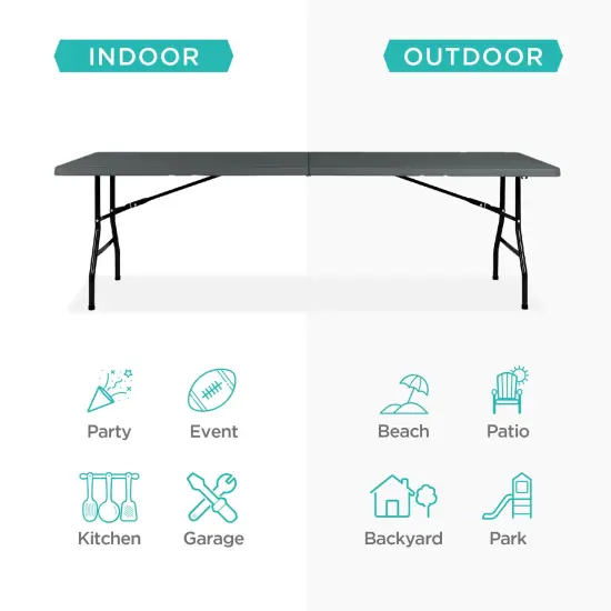 Best Choice Products 8ft Plastic Folding Table, Indoor Outdoor Heavy Duty Portable w/ Handle, Lock for Picnic Dark Gray {3}