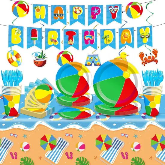 184pcs Summer Beach Ball Party Supplies Set Includes Plates Napkins Cups Tablecloth Swirls Banner Tableware Kit Dispose Summer Pool Birthday Decorations {1}