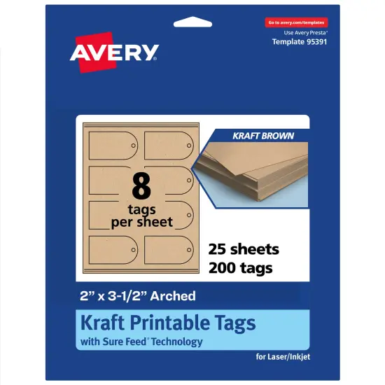 Avery Printable Arched Printable Tags, Sure Feed Technology, 2" x 3-1/2", Matte Kraft Brown Cardstock, Print-to-The-Edge, Laser/Inkjet Printable, 80 Total {1}