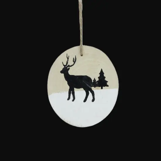 Northlight Winter Deer with Pine Trees on Wooden Disc Christmas Ornament - 3.75" - Beige Brown {3}