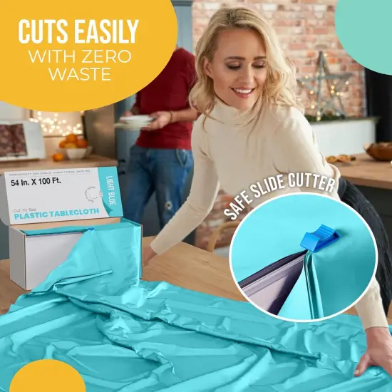 Exquisite Party Solids 54" x 100' Plastic Table Cover Roll with Slide Cutter &ndash; Cut-to-Size Dispenser Box &ndash; Makes Up to 36 Disposable 8' Rectangle Tablecloths Light Blue {6}