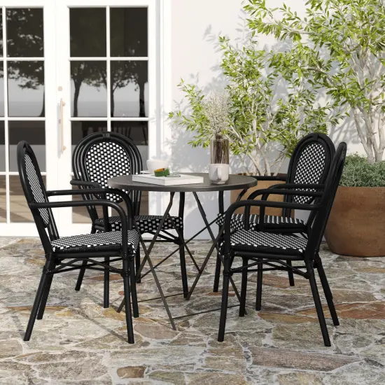 Merrick Lane Celia Set of Four Stacking Thonet Bistro Style Chair with Arms, PE Rattan Seat, and Metal Frame for Indoor/Outdoor Use White&Navy/Natural {9}
