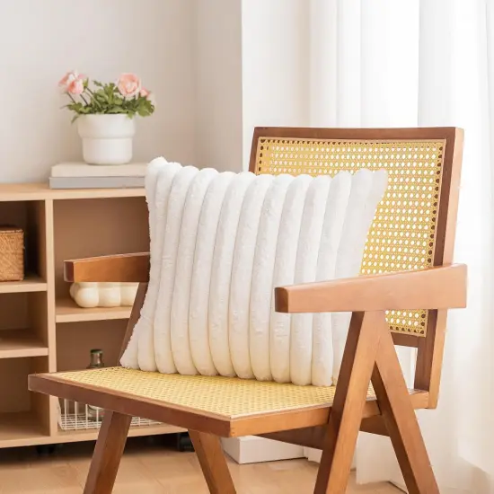 Double-Sided Faux Fur Plush Throw Pillow Covers 18x18 Set of 2 Fuzzy Striped Soft Cozy Pillowcase Luxury Decorative Pillows Square Shaggy Cushion Covers for Couch Sofa Bed,Cream White {5}