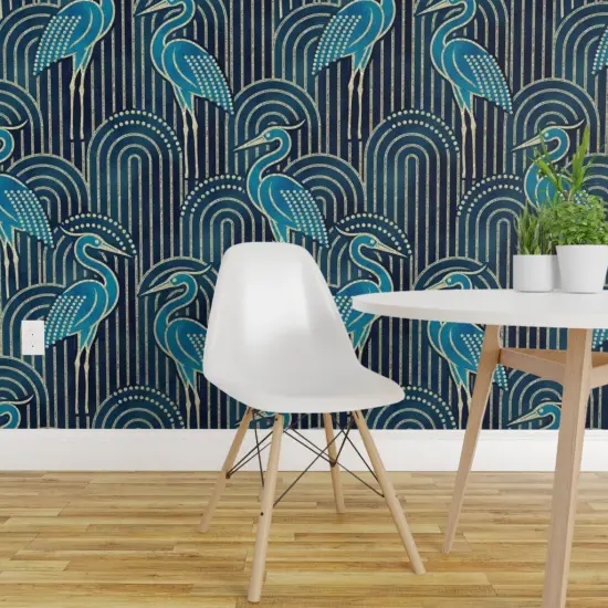 Peel & Stick Wallpaper 2FT Wide Teal Crane Bold Large Scale Art Deco Blue Birds Modern Watercolor Arches Custom Removable Wallpaper by Spoonflower {1}