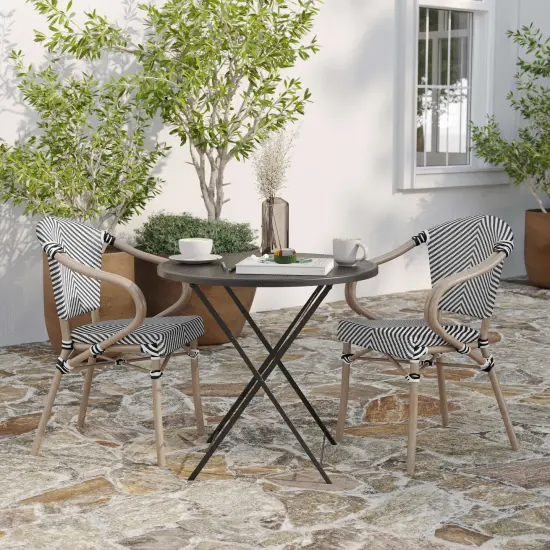 Merrick Lane Mael Set of Two Stacking Thonet Bistro Style Chair with Arms, Textilene Seat, and Bamboo Finished Metal Frame for Indoor/Outdoor Use Black/Natural Frame {9}