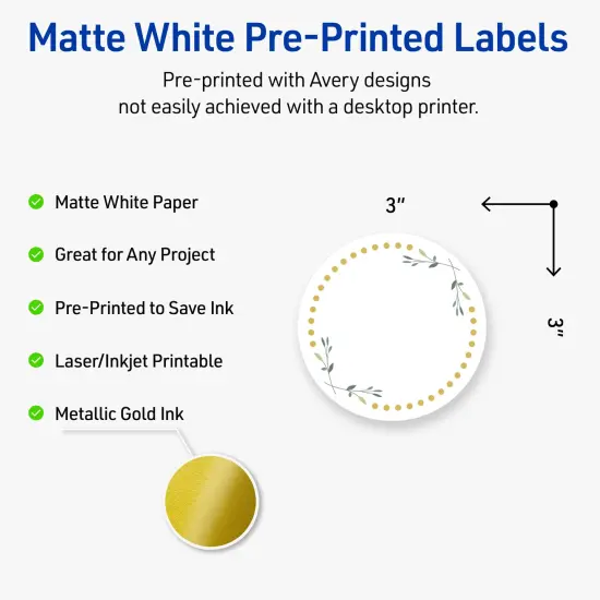 Avery Printable Round Labels, Gold Dots with Green Florals, 3" Diameter, Matte White Round Labels, Permanent, Laser/Inkjet, 60ct, Great for Product Labels {2}