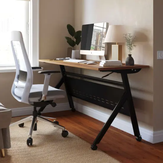 Emma and Oliver Griffin Heavy-Duty Flip Top Training Table with Nesting Design, Privacy Panel, Y-Legs, Tabletop, Metal Frame WalnutTop/BlackFrame {1}