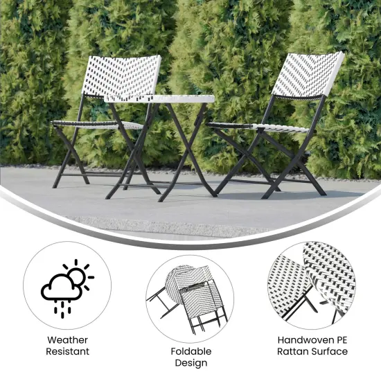 Emma and Oliver Ciel Three Piece Folding Bistro Set in PE Rattan with Metal Frames for Indoor and Outdoor Use Black & White {4}