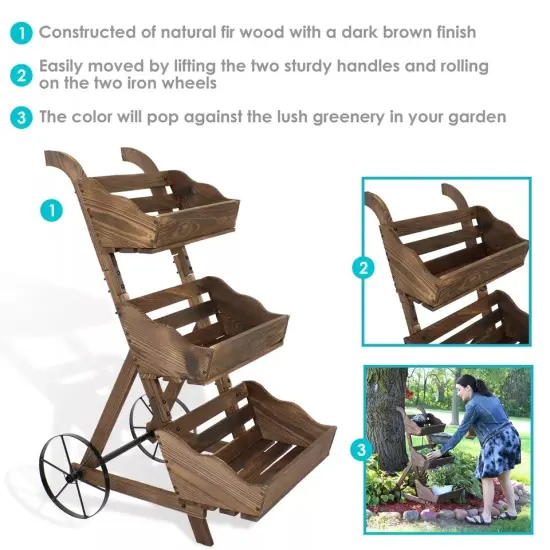 39.25 in 3-Tier Wood Rolling Planter Box with Iron Wheels - Brown {2}
