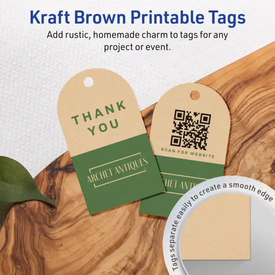 Avery Printable Arched Printable Tags, Sure Feed Technology, 2" x 3-1/2", Matte Kraft Brown Cardstock, Print-to-The-Edge, Laser/Inkjet Printable, 80 Total {3}