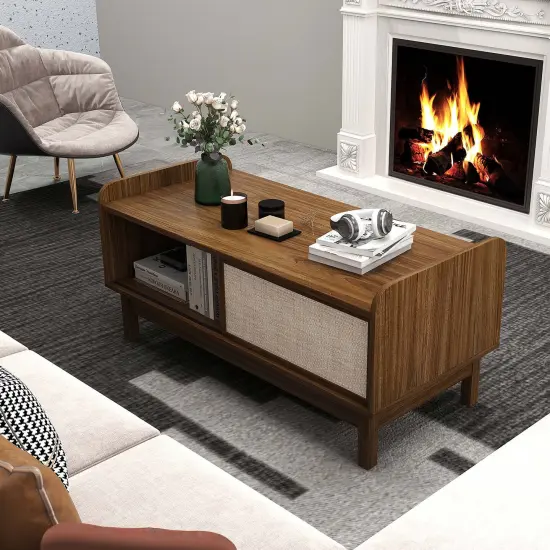 Costway Rectangular Coffee Table with Storage Weaving Sliding Door & Adjustable Shelf {4}