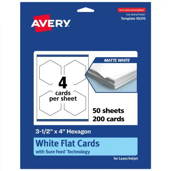 Avery Printable Hexagon Flat Cards, Sure Feed Technology, 3-1/2" x 4", Matte White Cardstock, Print-to-The-Edge, Laser/Inkjet Printable, 40 Total {1}