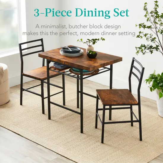 Best Choice Products 3-Piece Modern Dining Set, Square Table & Chairs Set w/ Steel Frame, Built-In Storage Rack Medium Brown/Black {5}